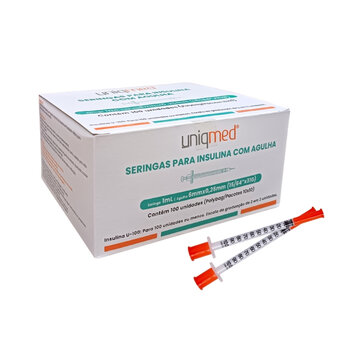 Seringa Para Insulina 1,0ml 6 x 0,25mm cx c/ 100 - Uniqmed