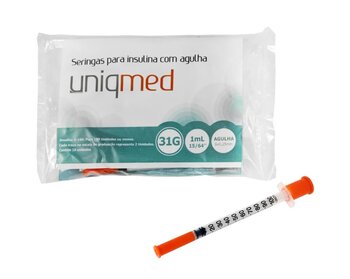 Seringa para insulina 1,0mL c/ agulha 6 x 0,25mm pct c/ 10 - Uniqmed