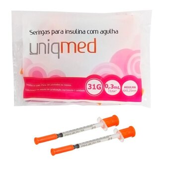 Seringa para insulina 0,3mL c/ agulha 6 x 0,25mm pct c/ 10 - Uniqmed