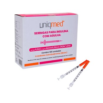 Seringa Para Insulina 0,3ml 6x0,25mm Cx C/ 100 - Uniqmed