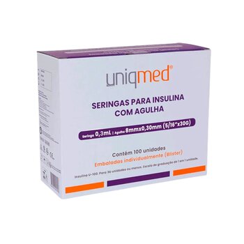 Seringa Para Insulina 0,3ml 8x0,30mm Cx C/ 100 - Uniqmed