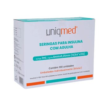 Seringa Para Insulina 1,0ml 6x0,25mm Cx C/ 100 - Uniqmed