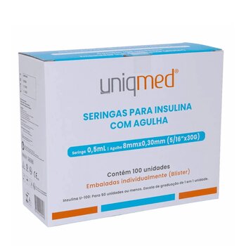 Seringa Para Insulina 0,5ml 8x0,30mm Cx C/ 100 - Uniqmed