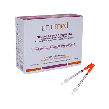 Seringa Para Insulina 0,3ml 5x0,23mm Cx C/ 100 - Uniqmed